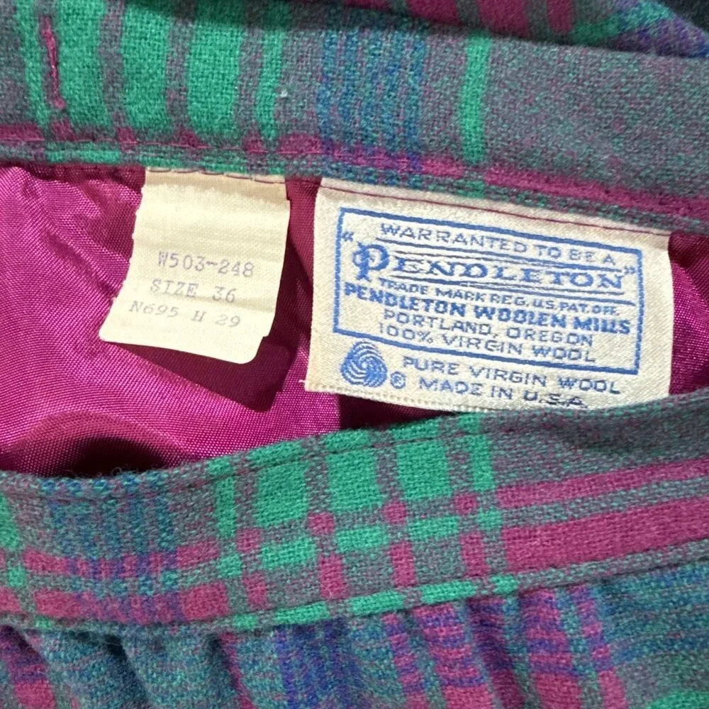 Vintage Pendleton Green Pink Tartan Wool Skirt Plaid Size 36 US 20 USA Preppy